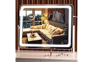 ‎HASIPU Hasipu Schminkspiegel mit Beleuchtung, 55 x 45 cm LED Kosmetikspiege mit 10x Vergrößerung, 3 Farbtemperatur Licht, Dimmbar, Smart Touch Control Tischspiegel, 360° Drehung, Spiegel für Make-up Weiß