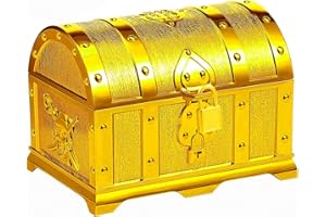 DEOLVEN Cofre del Tesoro Pirata, Cofre del Treasure para Fiesta de Cumpleaños Niños, Caja Misteriosa de Plástico con Candado y Llave, para Recibir Monedas Gemas Juego de Búsqueda del Tesoro, 14*10*10 cm Oro