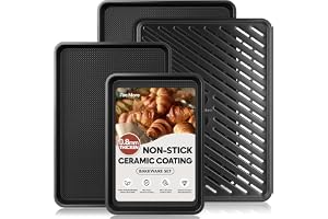 Fire More 4-pack Non-stick Bakplåtar, Kolståls Bakplåtar med Galler, 0,8 mm Tjocka, Keramiskbelagd Half/Quarter/Jelly Roll Ov
