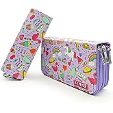 Limmy Pencil Case Unicorn-Flamingo Kawai Organizer Pencil Case Vegan Leather Three-Part Pen Holder -Purple