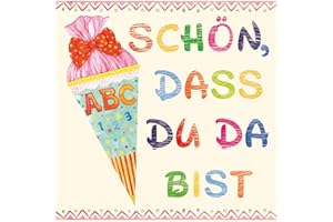 ‎SERVIETTENSHOP 20 Servietten Schulanfang Mädchen rosa mit Spruch - Schön dass Du da bist - in beige und rosa. Tischdeko Einschulung Mädchen für Schuleinführung mit ABC 33x33cm