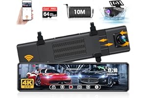 【2024 Neueste】 4K WiFi Spiegel Dashcam mit Rückfahrkamera mit 64G SD-Karte, Jansite Rückfahrkamera Spiegel Auto Kamera mit 12" IPS-Touchscreen Dashcam Auto Vorne Hinten 10M Kabel WDR G-Sensor…