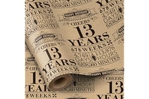 RUSPEPA 13th Birthday Wrapping Paper Roll, Black Design, 43.2cm x 5m, 13 Years, Great for Birthday Parties