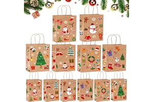 Daover Geschenktüten Weihnachten, 12 Stück Papiertüten Weihnachten Geschenktüten mit Henkel, Weihnachtstaschen aus Kraftpapier, Geschenktüten Weihnachten Klein Und Groß für Party Geschenkverpackung