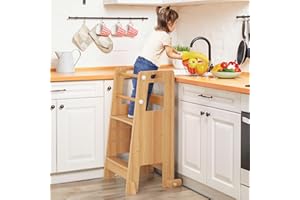 LUE BONA Torre Montessoriana Legno, Regolabile Torre di Apprendimento con Gambe di Sicurezza, Montessoriana per Bambini 1 Anno, Colore Legno Scuro, per Cucina Bagno e Salotto