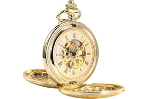 TREEWETO Unisex Taschenuhr mit Kette Analog Handaufzug Doppelscharnier Römische Ziffern Gold/Silber