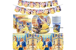 RUENIE 42 Pcs Bella e La Bestia Compleanno Stoviglie, La Bella e La Bestia Carta Piatti e Bicchieri Per Feste, Tovaglia, Tovaglioli, Decorazioni Compleanno Striscione, Kit Festa Stoviglie Princess Bambina