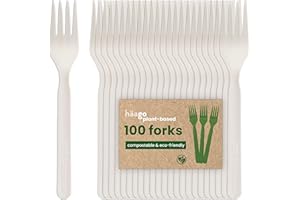 HAAGO Set di 100 Forchette, Bianco (18 cm / 7") – Ecologiche, Biodegradabili e Compostabili – Riutilizzabili, Robuste, Posate 100% Naturali per Cibi Caldi e Freddi – Senza BPA