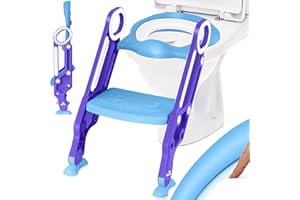 KIDIZ® Asiento de inodoro para niños, entrenador de inodoro con escaleras y asas, asiento de inodoro para niños plegable, entrenador de inodoro de aprendizaje, cojín cómodo y peldaños anchos, azul