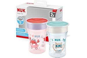 NUK Magic Cup vaso antiderrame bebe | Borde a prueba de derrames de 360° | +8 meses | Sin BPA | 230 ml | Cangrejo (morado) | 2 unidades