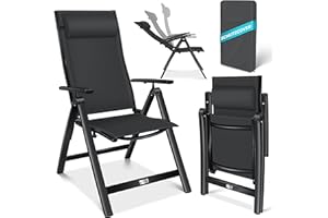 KESSER® Silla de jardín de Respaldo Alto, con reposabrazos, Aluminio, con cojín, Ajustable en 7 direcciones, Resistente a la Intemperie, Plegable, 1 Pieza, Negro