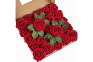 DuHouse 25 rose artificiali con gambi di fiori in schiuma al tatto vero e proprio per bouquet di nozze, baby shower, centrotavola per decorazioni floreali per feste (rosso scuro)