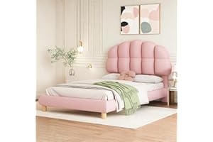 FEEOHOME Łóżko dziecięce 90 x 200 cm, pojedyncze łóżko tapicerowane ze stelażem na listwy, łóżko księżniczki z płatkami, materiał welurowy, bez materaca (różowy)