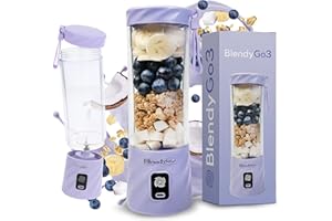 ‎BLENDYGO Blender bezprzewodowy BlendyGo 3® przenośny mini blender do smoothie i koktajli, USB, mikser, kruszy lód i mrożone owoce, technologia PulseMotion & BlendPro, 550 ml (Lawendowy)