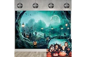 BUTEN Halloween Photography Backdrop Horror Creepy Graveyard Entrance Background Pumpkin Bat Moon Night Haunted House Kids Halloween Horror Party Decorations Backdrop (6x4ft(180x120cm))