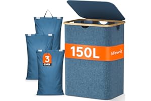 Lifewit 150L Cesto per la Biancheria con Coperchio, Grande Cesta Portabiancheria a 3 Scomparti, Portabiancheria Sporca con Manici in Bambù e 3 Sacco per la Biancheria Rimovibile, Blu