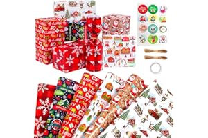 Niviy 6 Feuilles Papier Cadeau Noel Rouge 70x50cm Emballage Cadeau du Père Noël Papier Cadeau Enfant avec Autocollants, Ruban Adhésif Double Face et Ficelle pour Noël, Nouvel An, Fêtes