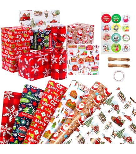 Set di 6 fogli di carta da regalo natalizia in carta kraft, 70 x 50