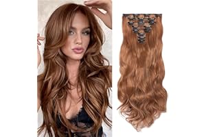 Gairyan Extensiones de Clip de Pelo Natural Rizado 8 Piezas 45cm Extensiones de Cabello Sintético con Clips Extensión de Cabello Ondulado Postizo para Mujeres - Castaño claro