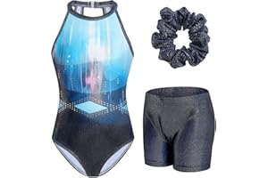JiAmy Gymnastics Leotards for Girls with Shorts Set, Clasp Back Athletic Activewear Sparkle Kids Gymnastics Outfit for 3-12 Years