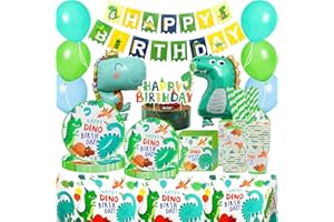 GOLDNICE Dinosaur Birthday Party Tableware Set , Serves 16 Dinosaur Plates Napkins Cups and Tablecloth Banners Straws Balloons Set for Dino Theme Birthday Party Decorations for Boys Girls Kids Happy Supplies