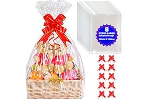 MAARA Extra Large Cellophane Wrap Bags For Hampers, Pack Of 8 (80CMX110CM) Hamper Basket Clear Plastic Gift Bags For Present Packaging, Hamper Wrapping Cellophane With 10 Pull Bows