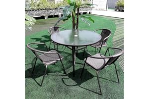 DKIEI Garden Furniture Sets Table & 4 Chairs Set 105CM Round Garden Dining Table with Parasol Hole Garden Rattan Bistro Chair for Patio Balcony Backyard Black
