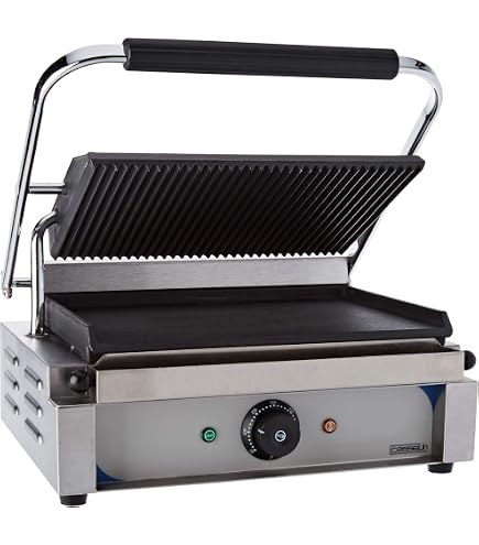 Grill Panini Professionnel Royal Catering - 1800 W, Plaques Fonte émaillée 50-300°C - Boîtier Inox, Collecteur Graisse - Pour Restaurant, Snack, événements - 5