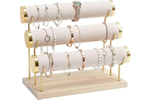 ProCase Porta Bracciali a 3 livelli, Espositore per Braccialetti con Case in Legno, Organizer Bracciali Orologi - Beige