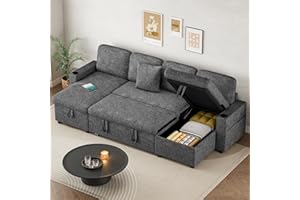 Hello-5ive Sofa Bed Pull Out Sleeper Couch Bed with Double Storage Chaise, U Shaped Chenille Convertible Sectional Sleeper Sofa for Living Room with USB & Type-C Ports, Cup Holder, Grey