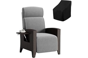 Fiutazge Tumbonas Jardin de Ratán con Respaldo Regulable,Sillon Relax Reclinable,Chaise Longue con Funda Sillas Jardin, para Terraza y Patio,Ratán Negro y Cojín Gris,Mesa Pequeña - Lado Derecho