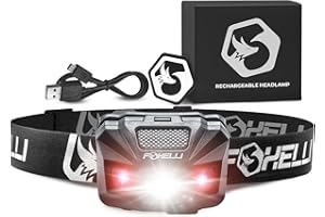 Foxelli LED Head Torch Rechargeable – Ultralight USB Rechargeable Headtorch for Adults & Kids, Waterproof Headlamp with Red Light for Running, Camping, Fishing & Outdoors
