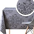 KP HOME Large Luxury Dark Grey With Black Baroque Print PVC Wipe Clean Oilcloth Tablecloth - 250 x 140 cm - Easy Care Embossed Thick Rectangular Wipeable Vinyl Plastic Table Cloth