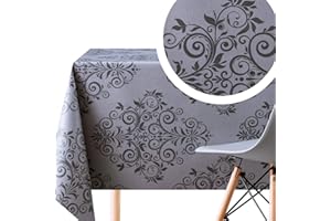 KP HOME Luxe Gris Foncé Nappe Plastique Motif Damassé Baroque Élégant - Floral Arabesque Nappe Toile Cirée Rectangulaire 140x250 Facile à Nettoyer Nappe PVC Essuyable Vinyle Nappe Rectangulaire Toile Ciree