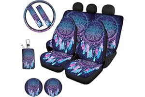Jeiento Purple Dreamcatcher Car Accessories for Women Car Seat Covers Universal Steering Wheel Cover + Rear Bench and Backrest Cover Seat Protector + Shoulder Safety Belt Cover + Coasters+ Key Chains