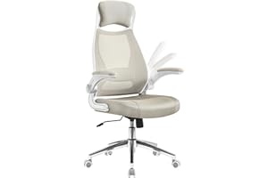 SONGMICS Sedia da Ufficio, Poltrona Girevole, con Braccioli Ribaltabili, Poggiatesta e Supporto Lombare, Inclinazione ad Oscillamento, Superficie in Rete, Beige Cappuccino OBN086K01