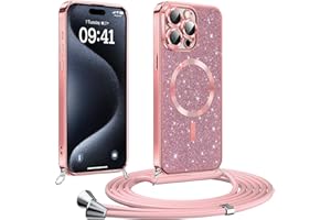 Phoona handyband Hülle für iPhone 15 Pro mit Band, Glitzer Handyhülle Kompatibel mit MagSafe, Ganzkörperschutz Kratzfeste Stossfest Schutzhülle mit Einstellbar Kette, Rosa