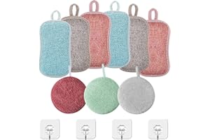 MENGQILE 9 Pezzi Spugne Piatti Lavabili, Spugne Cucina Lato in Microfibra, Spugne Lavabili Antigraffio, Spugne per Stoviglie Riutilizzabili con 4 pezzi Gancio Adesivo
