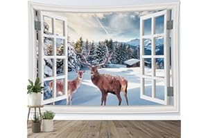 LB Arazzo Scenario invernale Arazzo da Parete Cervo nella foresta Telo da Parete Montagna di neve fuori dalla finestra Arte Muraria per Soggiorno Camera da Letto Dormitorio Decorazione,150Lx100A cm