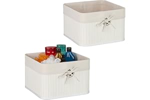 Relaxdays Kosz do przechowywania, zestaw 2 sztuk, bambus, z wkładką materiałową, (wys. x szer. x gł.): 20 x 31 x 31 cm, koszyk z otworem do uchwytu, kosz regałowy, biały