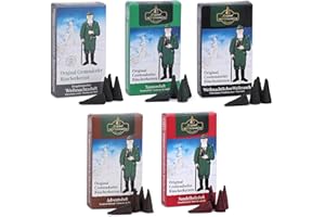 Crottendorfer Räucherkerzen 5er Pack (5 x 24 Stück) – Weihrauch, Tannenduft, Sandelholz, Erzgebirgischer Weihnachtsduft, Adventsduft – Höhe 2,7cm, Ø 1,2cm – 15 Min. Brenndauer pro Räucherkegel