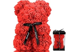 TANNESS 25cm Flower Rose Teddy with Transparent Gift Box and Black Ribbon | Gifts for Women Artificial Flowers Rose Bear for Valentine Gifts, and Home Decor - Red Teddy