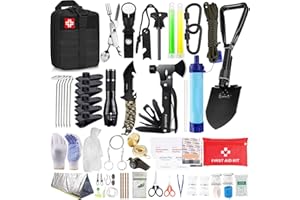 POKTWORLD Außen Notfall Survival Kit Militär Hochwertig,Notfall Survival Ausrüstung mit Erste Hilfe Set I Wasserfilter I Jagdmesser I Taschenlampe,Outdoor Ausrüstung für Wandern