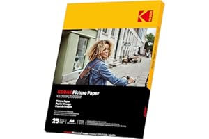 Papel fotográfico KODAK brillante, 25 hojas, formato A4, 230 g/m², impresión inyección tinta, colores vibrantes, contraste alto, acabado de