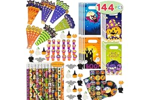 JOYIN 144pcs sortiertes Halloween-Themen-Briefpapier für Kinder, Geschenkset für Süßes und Saures, Mitbringsel, Spielzeug, einschließlich Halloween-Bleistiften, Stempeln in Süßes oder Saures-Beuteln