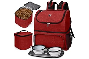 BAGLHER Dog Pet Travel Bag, Double-Layer Pet Supplies Backpack (for All Pet Travel Supplies), Pet Travel Backpack with 2 Silicone Collapsible Bowls, 2 Food Baskets, Pet Accessories Red