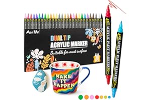 Hmeuest Acrylic Paint Pens, 24 Colors Dual Tip Acrylic Paint Markers for Rock Painting Glass Plastic Metal and Stone, Acrylic Dot Markers for Chrismas Craft, Art Supplies Colouring