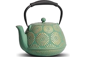 MILVBUSISS Théière en fonte de grande capacité de 1200 ml avec infuseur pour plaque de cuisson, théière japonaise Sakura pour feuilles mobiles, revêtement intérieur émaillé, poignée en silicone, vert