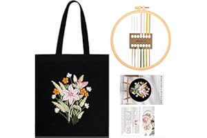 JSRQT Kit da Ricamo per Borsa in Tela, Starter Kit Ricamo con Motivo Floreale, Kit Punto Croce per Principianti Adulti, Kit Borsa da Ricamo Artigianale per Cucito a Mano con Istruzioni, Nero