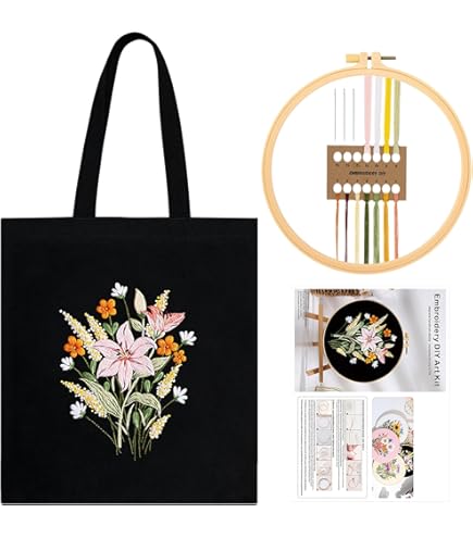 Floral Embroidery Kit For Beginners - Canvas Tote Bag With Hoop, Thread & Tools